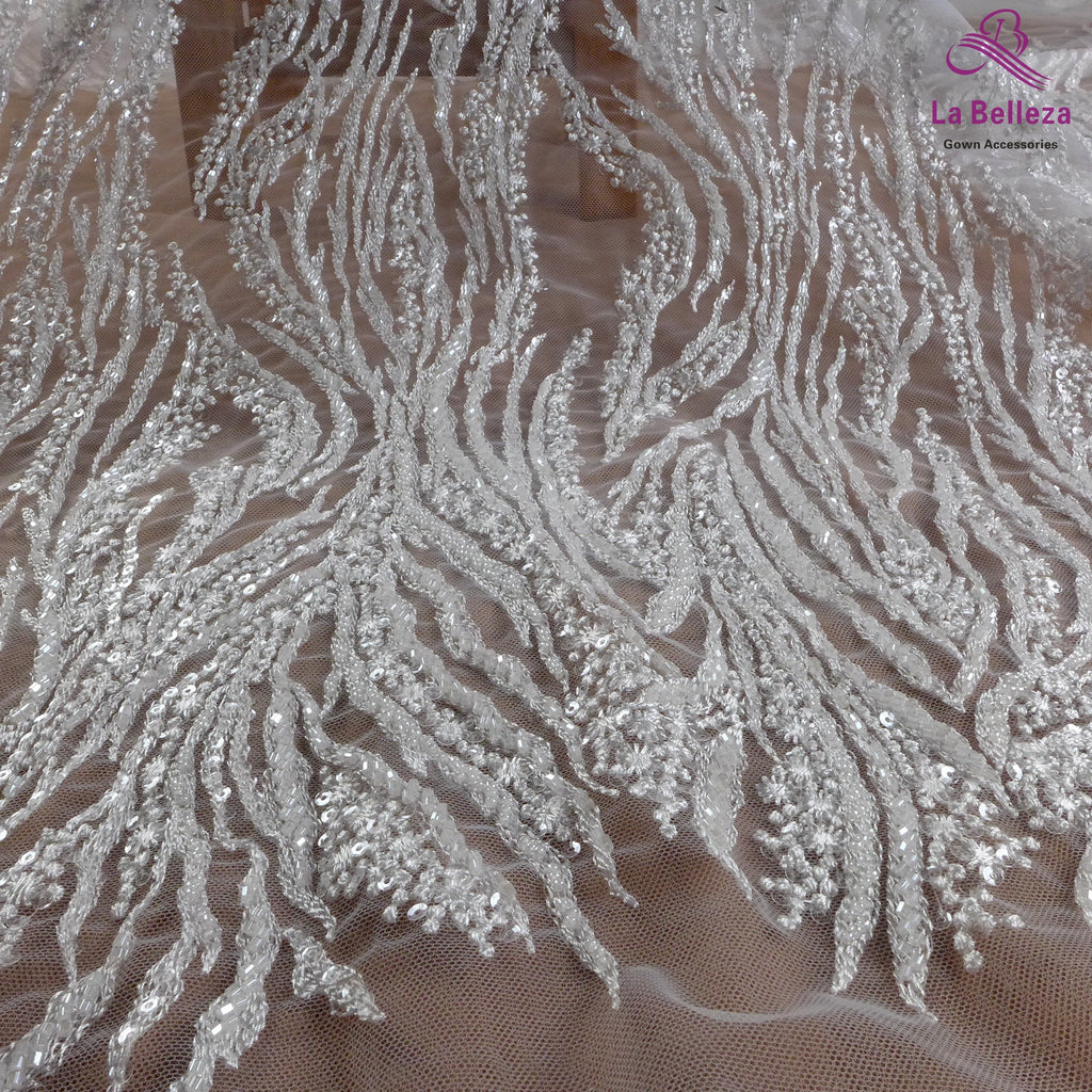 La Belleza Hot fashion bride lace,simple lines beading lace fabric,white lace fabric embroidered for wedding dresses by yard