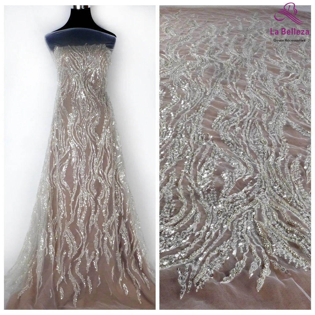 La Belleza Hot fashion bride lace,simple lines beading lace fabric,white lace fabric embroidered for wedding dresses by yard