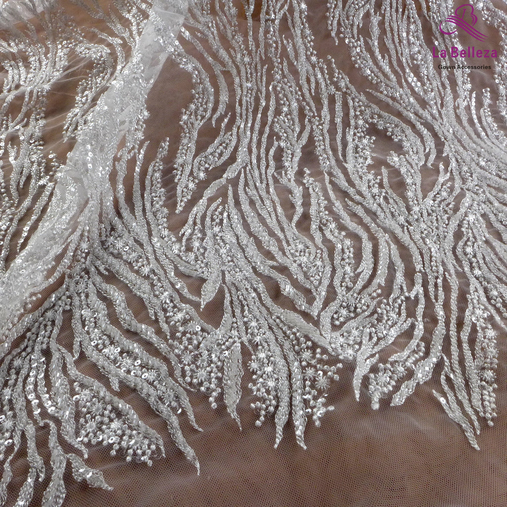 La Belleza Hot fashion bride lace,simple lines beading lace fabric,white lace fabric embroidered for wedding dresses by yard