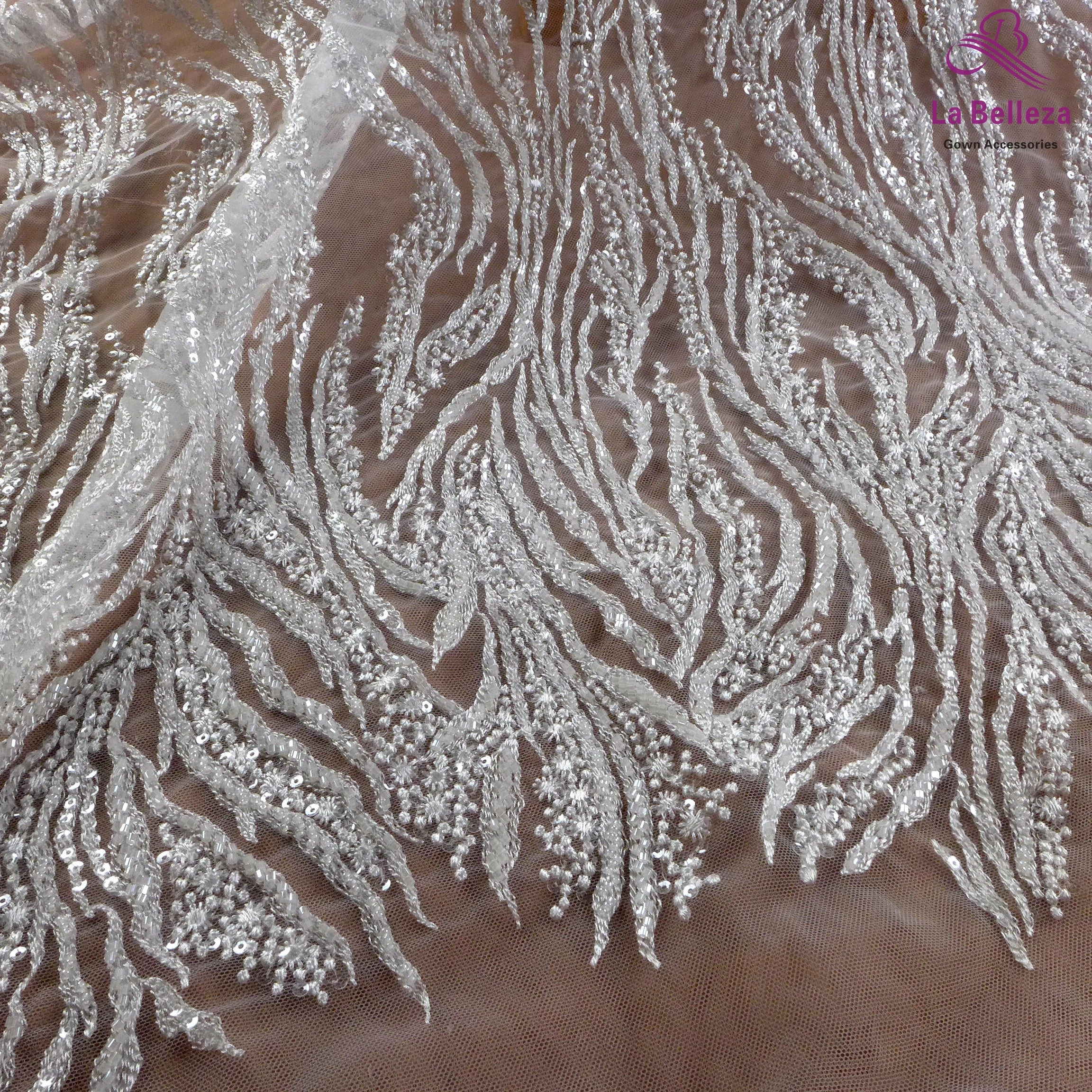La Belleza Hot fashion bride lace,simple lines beading lace fabric,white lace fabric embroidered for wedding dresses by yard