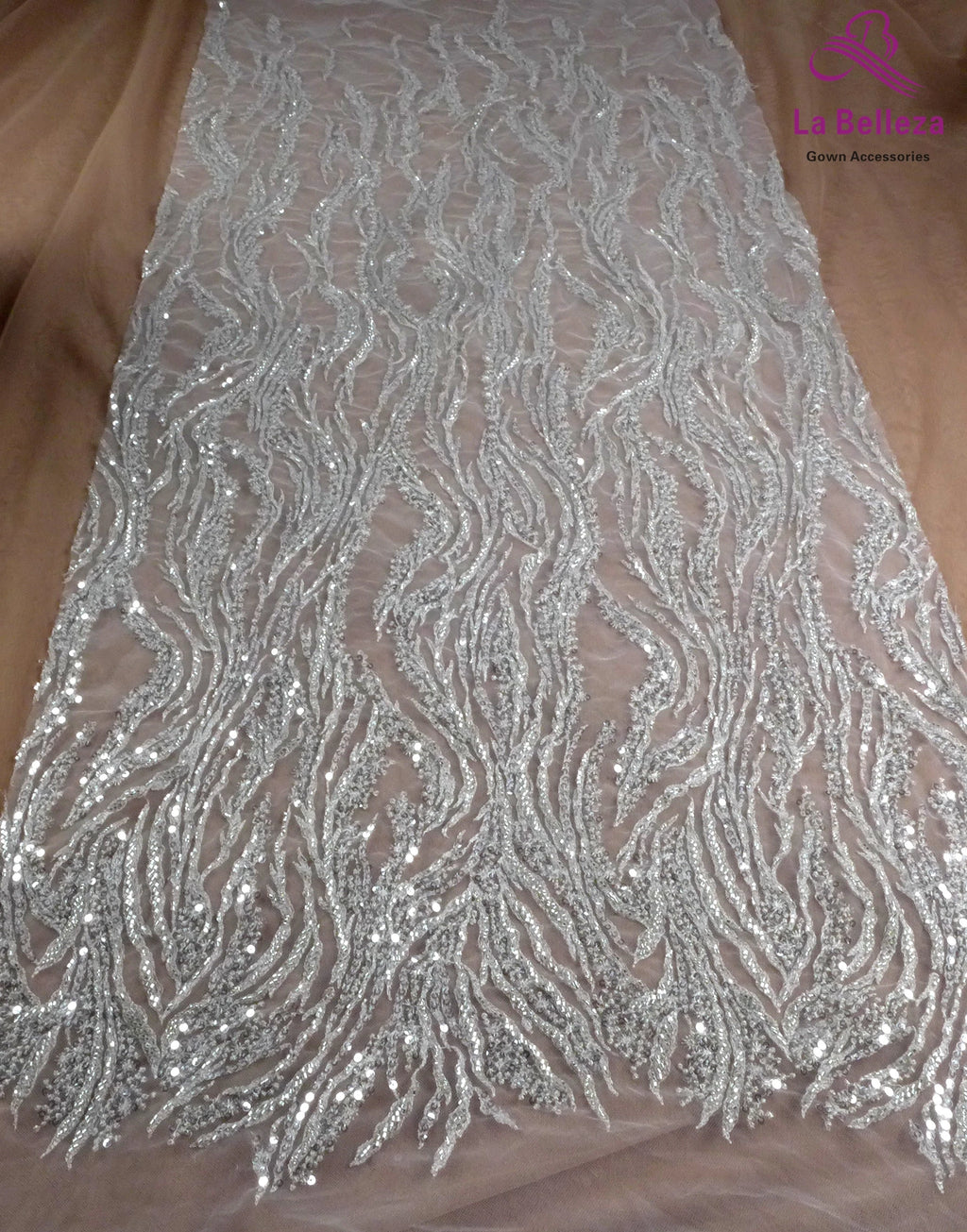 La Belleza Hot fashion bride lace,simple lines beading lace fabric,white lace fabric embroidered for wedding dresses by yard