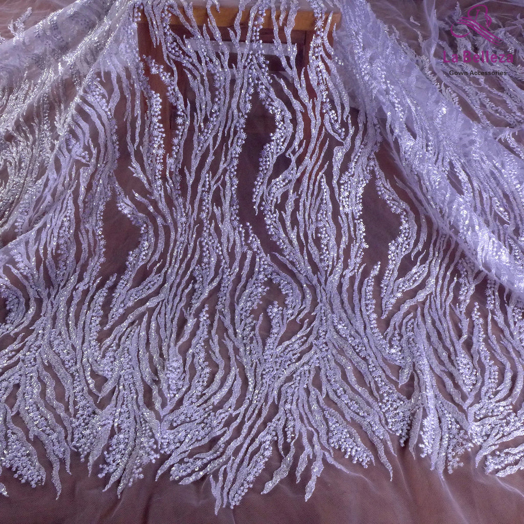 La Belleza Hot fashion bride lace,simple lines beading lace fabric,white lace fabric embroidered for wedding dresses by yard