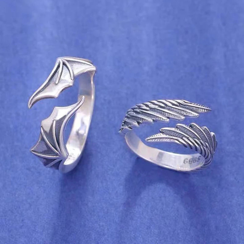 2 Pcs/set Punk Angel Demon Wing Couples Rings for Women Retro Silver Color Feather Open Ring Wedding Jewelry Valentine's Gift
