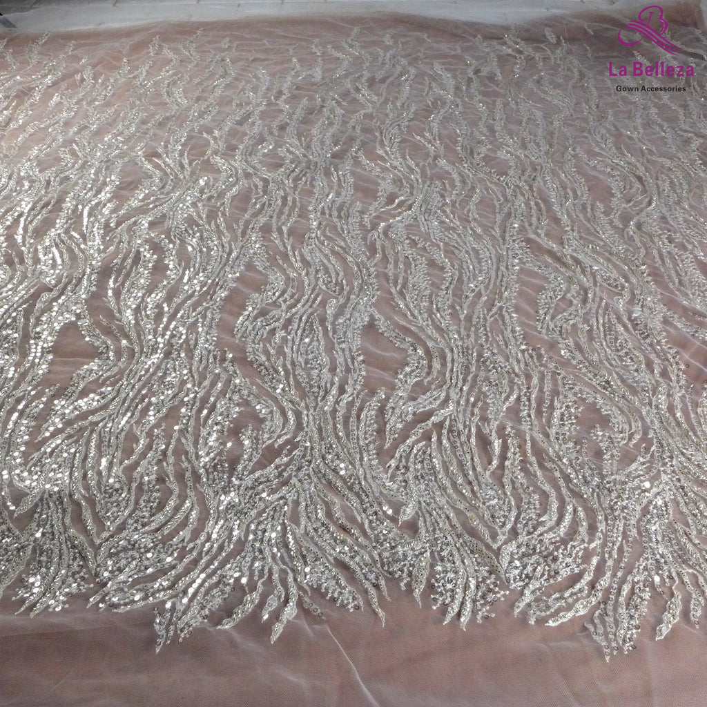 La Belleza Hot fashion bride lace,simple lines beading lace fabric,white lace fabric embroidered for wedding dresses by yard