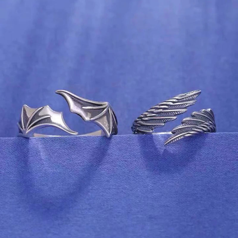 2 Pcs/set Punk Angel Demon Wing Couples Rings for Women Retro Silver Color Feather Open Ring Wedding Jewelry Valentine's Gift