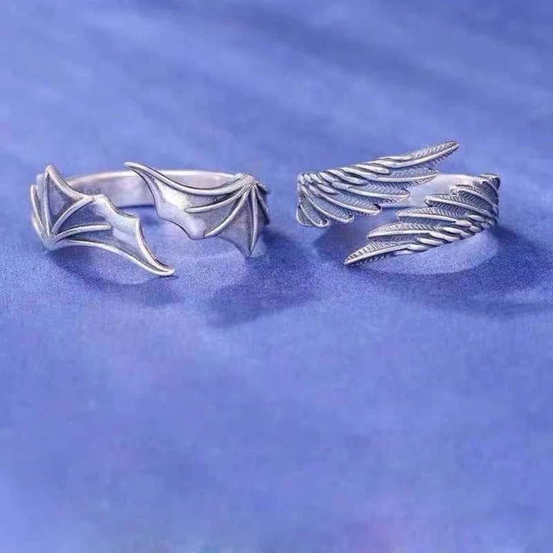 2 Pcs/set Punk Angel Demon Wing Couples Rings for Women Retro Silver Color Feather Open Ring Wedding Jewelry Valentine's Gift