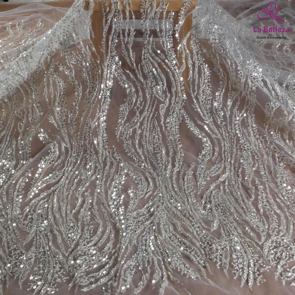 La Belleza Hot fashion bride lace,simple lines beading lace fabric,white lace fabric embroidered for wedding dresses by yard