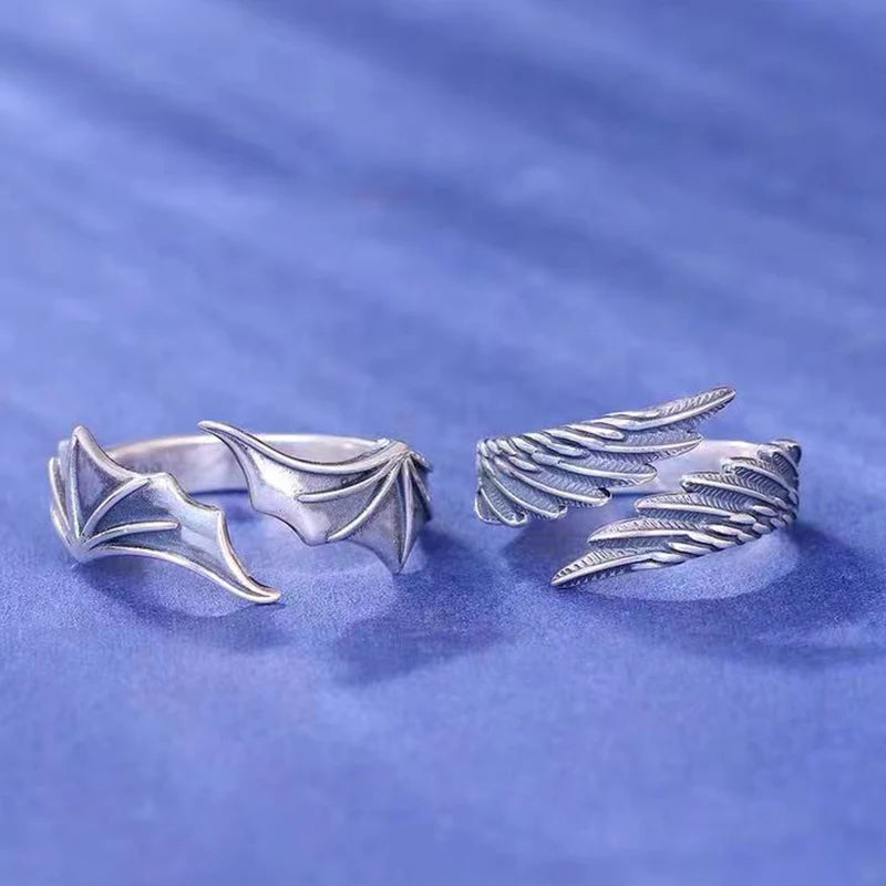 2 Pcs/set Punk Angel Demon Wing Couples Rings for Women Retro Silver Color Feather Open Ring Wedding Jewelry Valentine's Gift